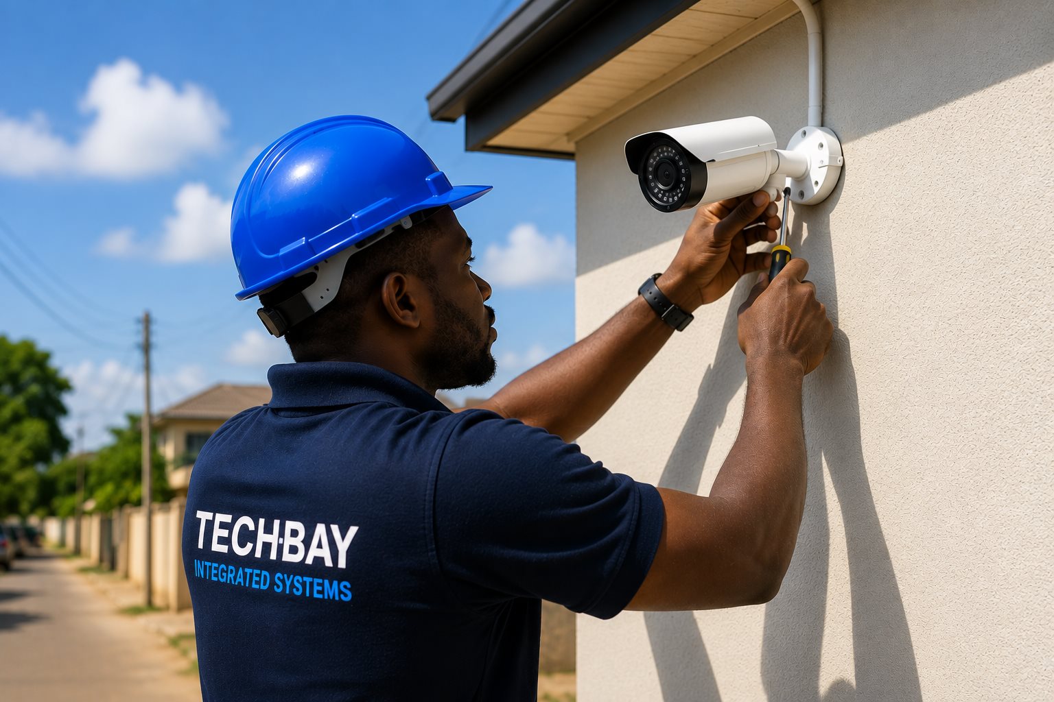 TechBay technician installing an outdoor CCTV camera